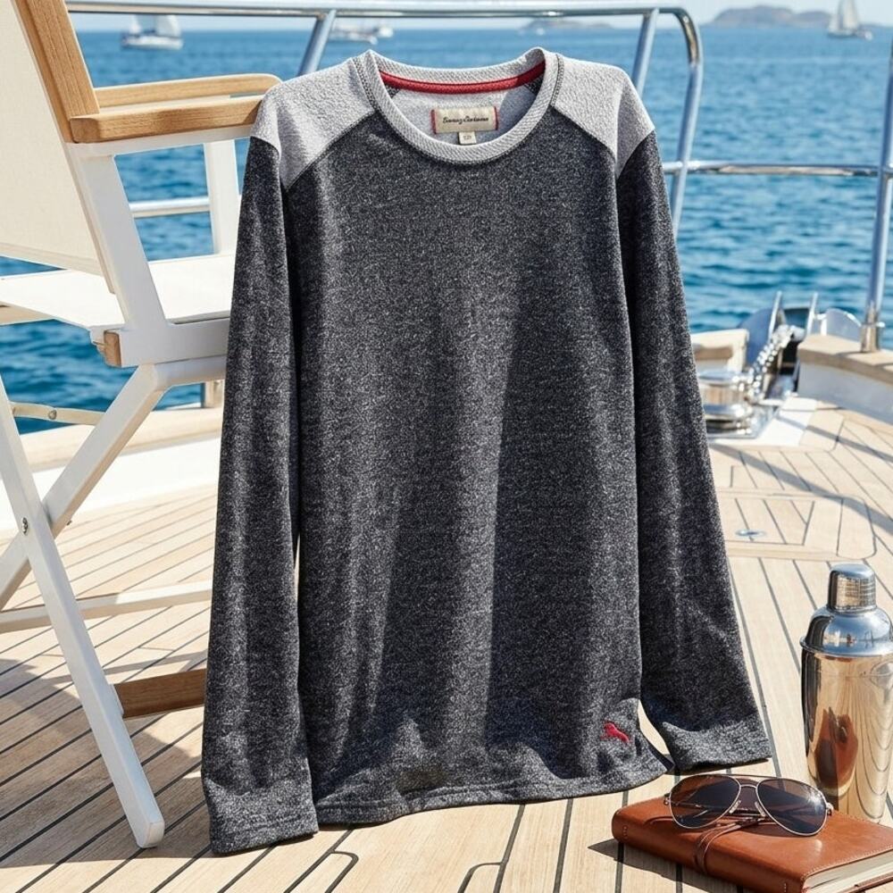 Tommy Bahama French Terry Pullover Sweater Gray Cotton Blend Casual Mens Medium